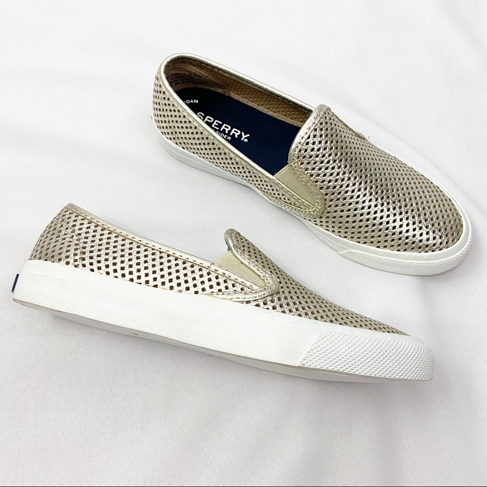 Sperry Metallic Gold Perforated Slip-On Flats